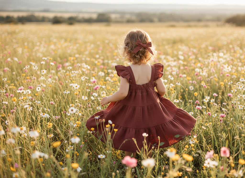 Young girl wearing a rust-colored dress with ruffled straps on a white background
