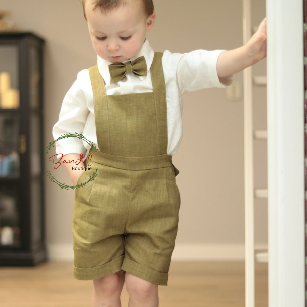 Moss- green pageboy outfit. Classic ring- bearer outfit. Romper, blouse and bow-tie linen boy outfit suit.