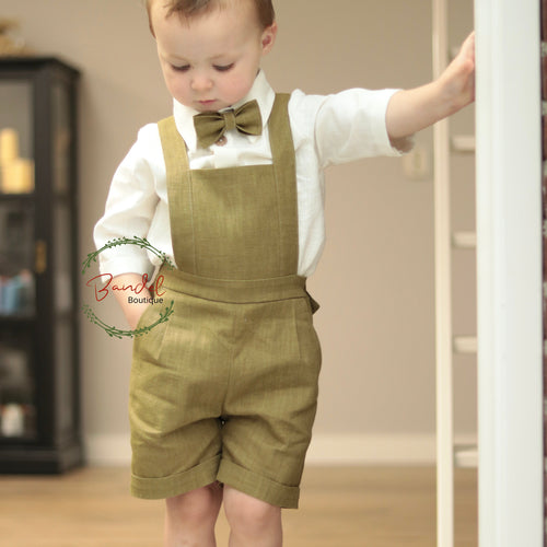 Moss- green pageboy outfit. Classic ring- bearer outfit. Romper, blouse and bow-tie linen boy outfit suit.