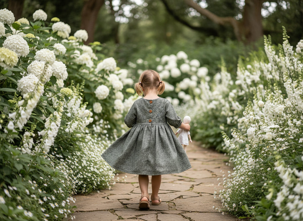 Child in a garden with white flowers on either side
