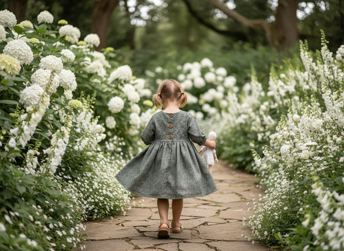 Child in a garden with white flowers on either side