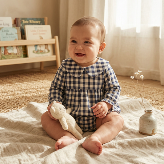 A baby sitting on a cream linen blanket in a softly lit nursery, wearing a navy and beige gingham long-sleeve romper and holding a small beige stuffed animal. A small vase with white flowers and a wooden bookshelf are in the background.