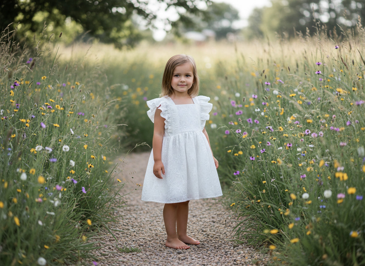 Young girl in a white dress standing in a field of wildflowers