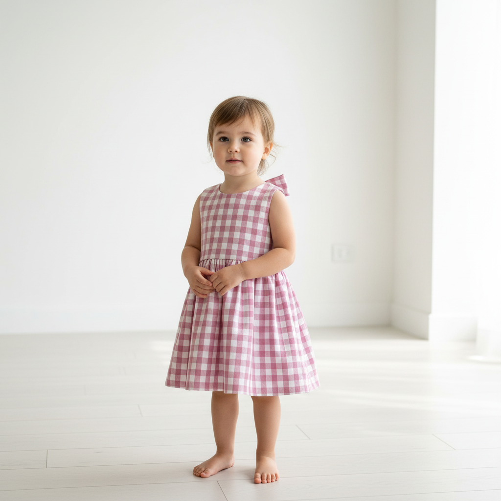 Young girl wearing a pink checkered dress standing in a bright room.