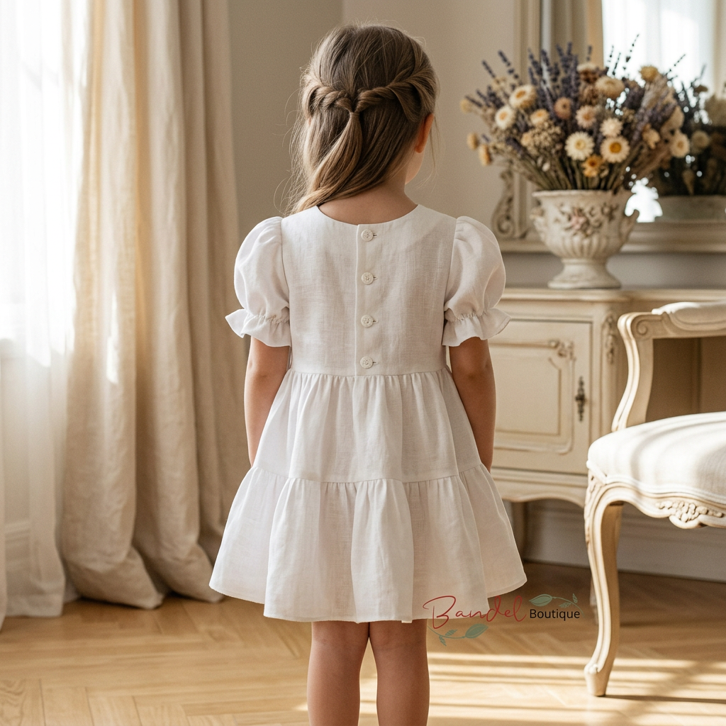 A young girl viewed from behind wearing a short-sleeved white linen dress with puff sleeves and a tiered skirt, standing in a bright, elegant room with beige curtains and a wooden cabinet.