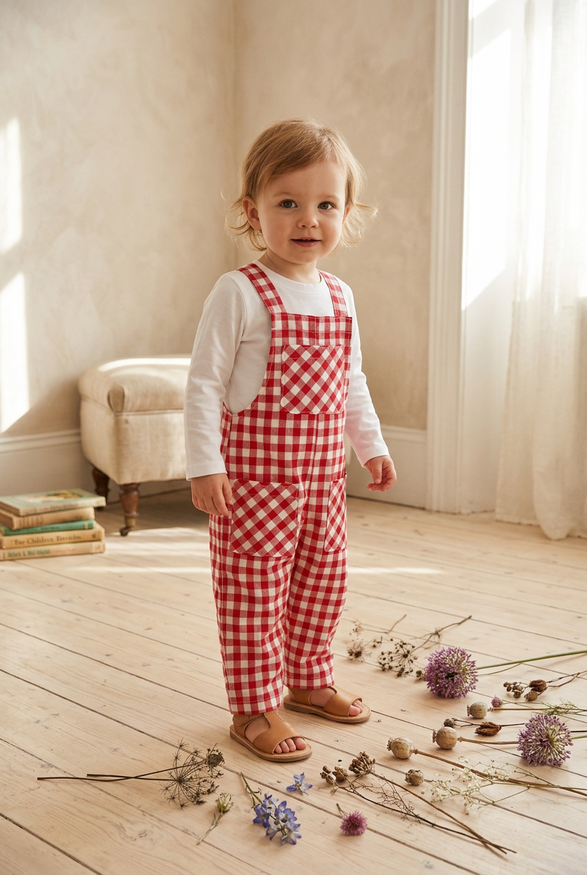 A toddler stands on a light wood floor in a softly lit room, wearing red-and-white gingham overall over a white long-sleeve top. The scene includes a cream upholstered bench, curtains, and scattered dried flowers and small decorative objects.