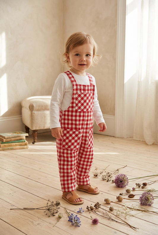 A toddler stands on a light wood floor in a softly lit room, wearing red-and-white gingham overall over a white long-sleeve top. The scene includes a cream upholstered bench, curtains, and scattered dried flowers and small decorative objects.