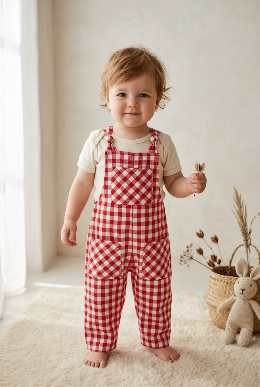 A toddler standing barefoot indoors wearing red and white gingham check overalls over a cream short-sleeve shirt. The room has a soft neutral background with a rug, a basket, dried flowers, and a plush bunny.