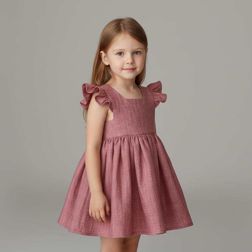 Young girl wearing a red dress with ruffled sleeves against a gray background