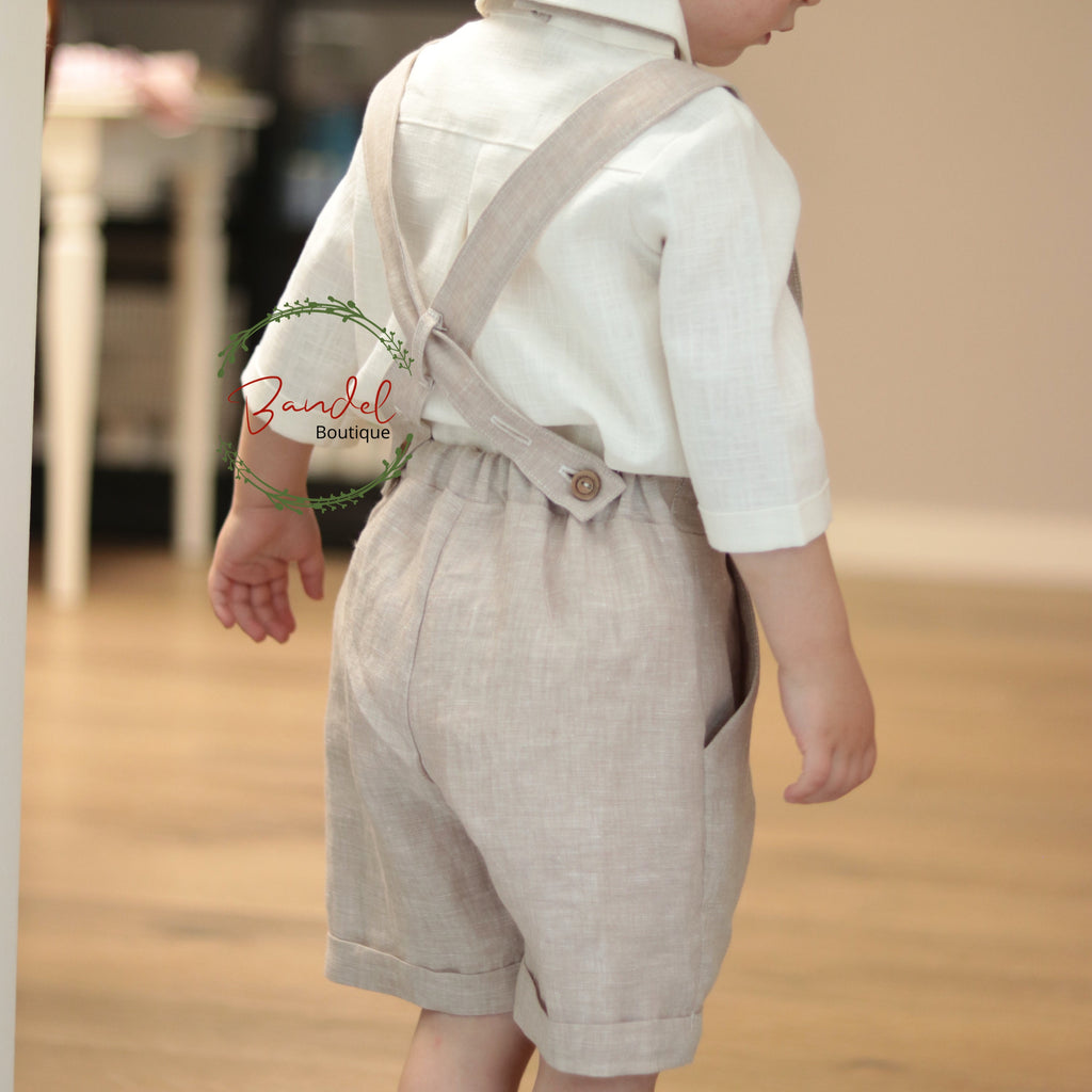 Camel pageboy outfit. Classic ring- bearer outfit. Romper, blouse and bow-tie linen boy outfit suit.