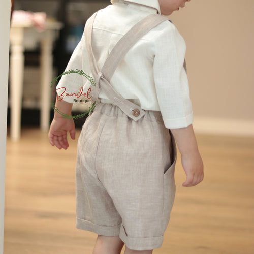 Camel pageboy outfit. Classic ring- bearer outfit. Romper, blouse and bow-tie linen boy outfit suit.