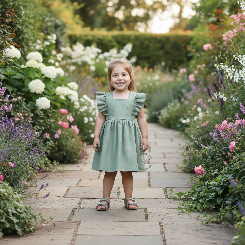 Young girl in a green dress standing on a garden path surrounded by flowers