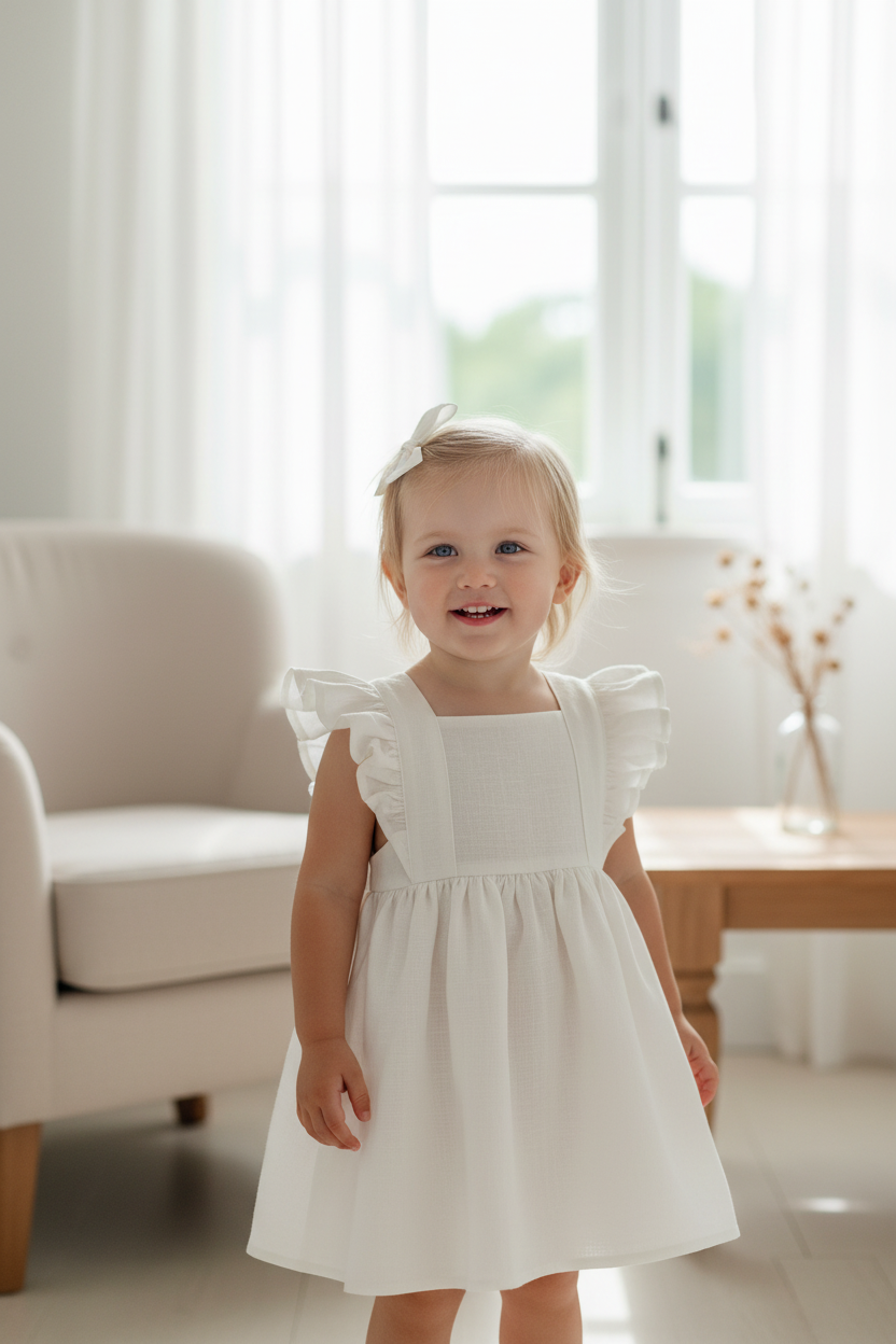 Young girl in a white dress standing in a bright room with light-colored furniture.