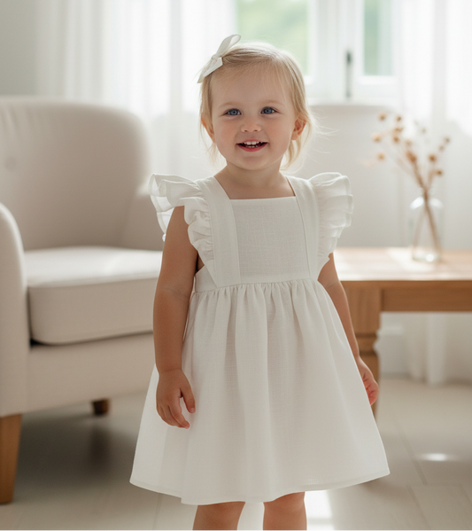Young girl in a white dress standing in a bright room with light-colored furniture.