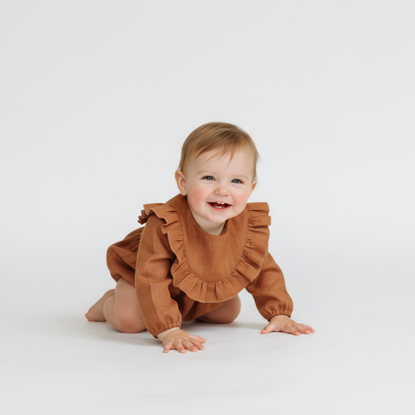 Baby wearing a brown ruffled romper on a white background