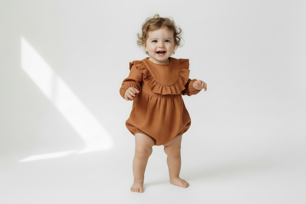 Child wearing a brown ruffled romper on a white background