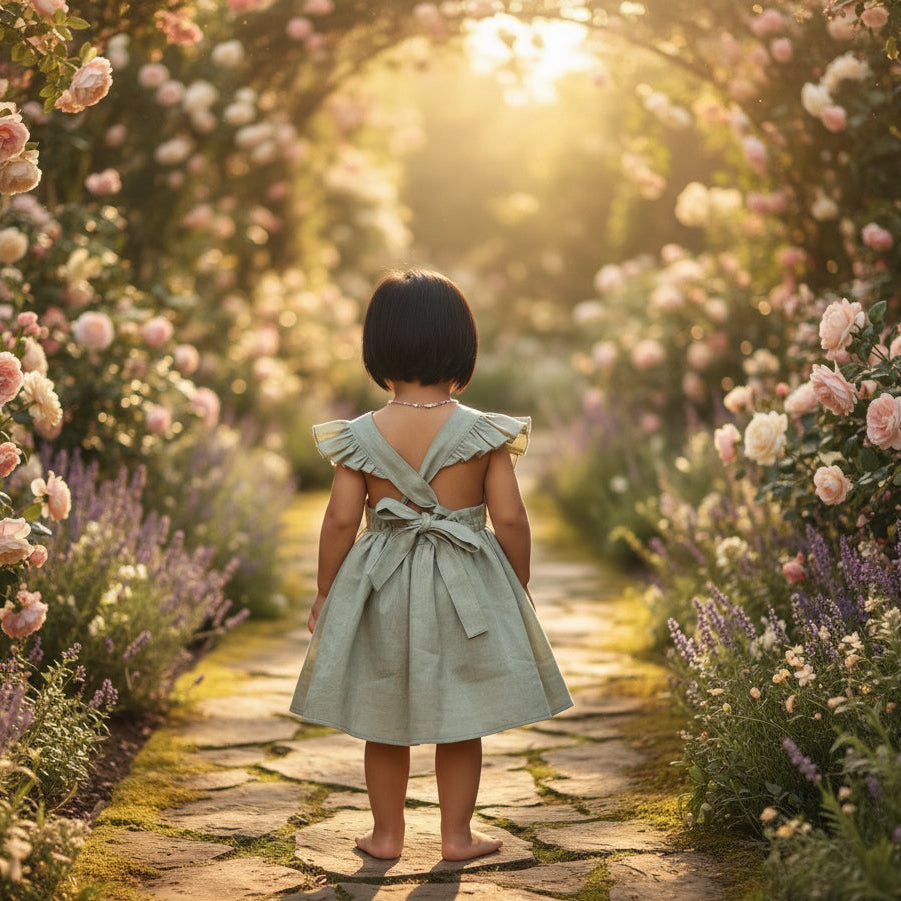 Child wearing a green dress with ruffled sleeves and a bow tie, standing against a black tiled wall.