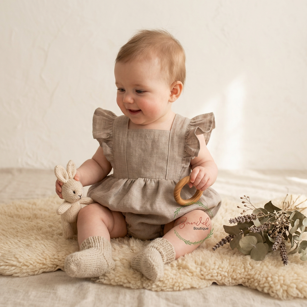 A baby wearing a taupe linen romper with ruffled sleeves sits on a cream sheepskin rug, holding a small plush bunny and a wooden teething ring. The background is a soft beige textured wall with a warm, natural light.