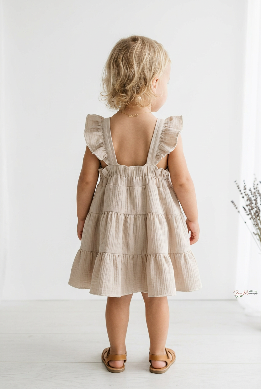 A toddler girl with blonde curly hair is shown from behind wearing a light beige tiered linen dress with ruffled shoulder straps and tan leather sandals, standing in a bright white room.