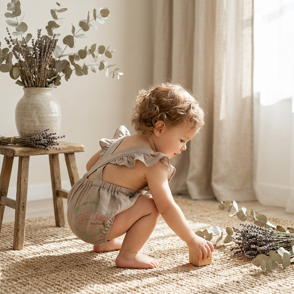 A toddler crouches barefoot on a woven rug in a softly lit room, wearing a light taupe ruffled romper. A small wooden stool with a vase of eucalyptus sits to the left, and dried lavender lies on the floor nearby.