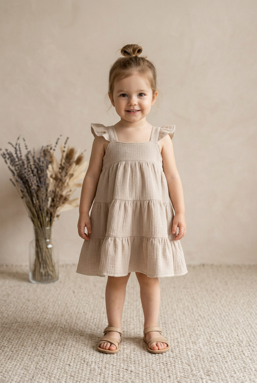 A toddler girl wearing a light beige tiered cotton dress with ruffled shoulder straps, standing in a studio setting with a textured beige floor and a vase of dried grass on the left.