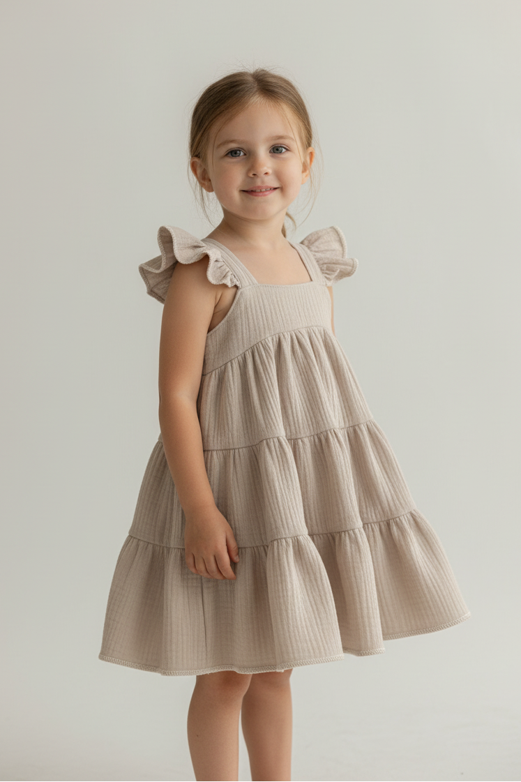 Young girl wearing a beige dress with ruffled straps against a plain background
