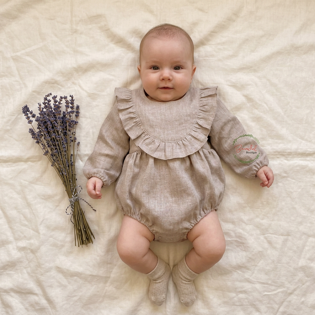 A baby lying on a cream fabric backdrop wearing a light beige linen long-sleeve romper with a ruffled bib-style neckline and matching booties. A small bouquet of dried lavender sits to the baby's left.