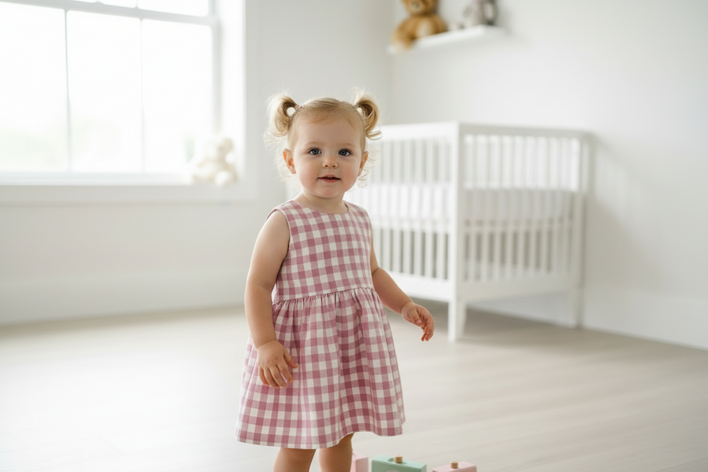 Child in a pink checkered dress standing in a bright, minimalistic room.
