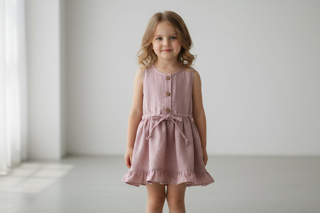 Pink dress with buttons on a wooden hanger against a white background