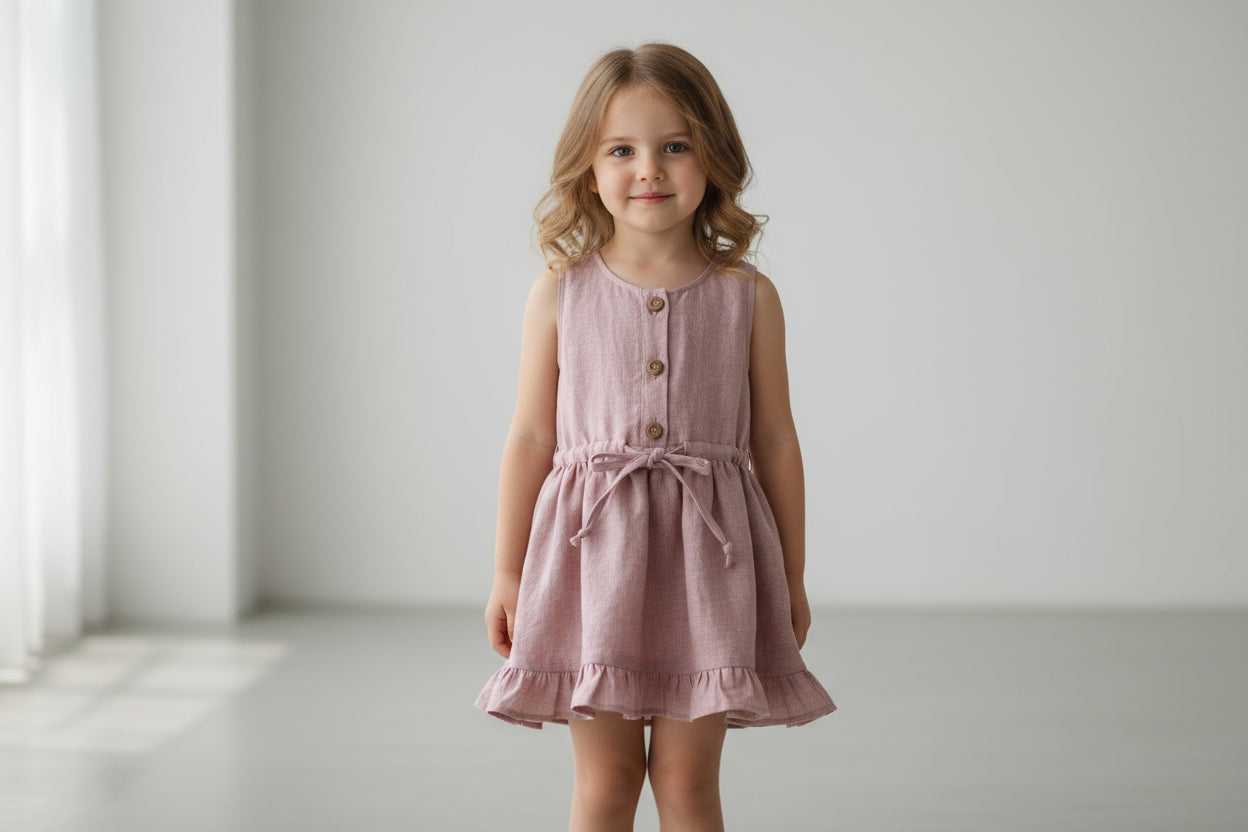 Pink dress with buttons on a wooden hanger against a white background