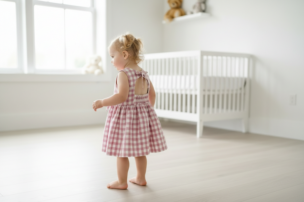 Child in a pink checkered dress standing in a bright, minimalistic room with a crib.