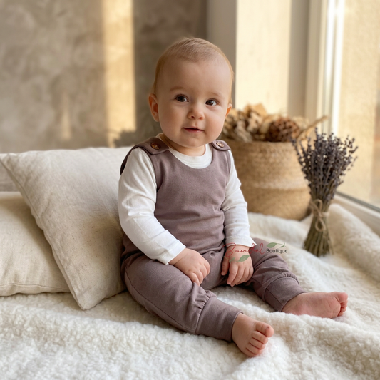 A baby sitting on a soft cream blanket in a bright room, wearing a two-piece outfit with a taupe-brown sleeveless overall top over a white long-sleeve shirt and matching brown pants.