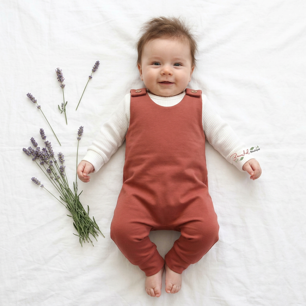 A baby lying on a white fabric surface wearing a rust-colored sleeveless overall romper over a white long-sleeve shirt, with lavender sprigs placed to the left.