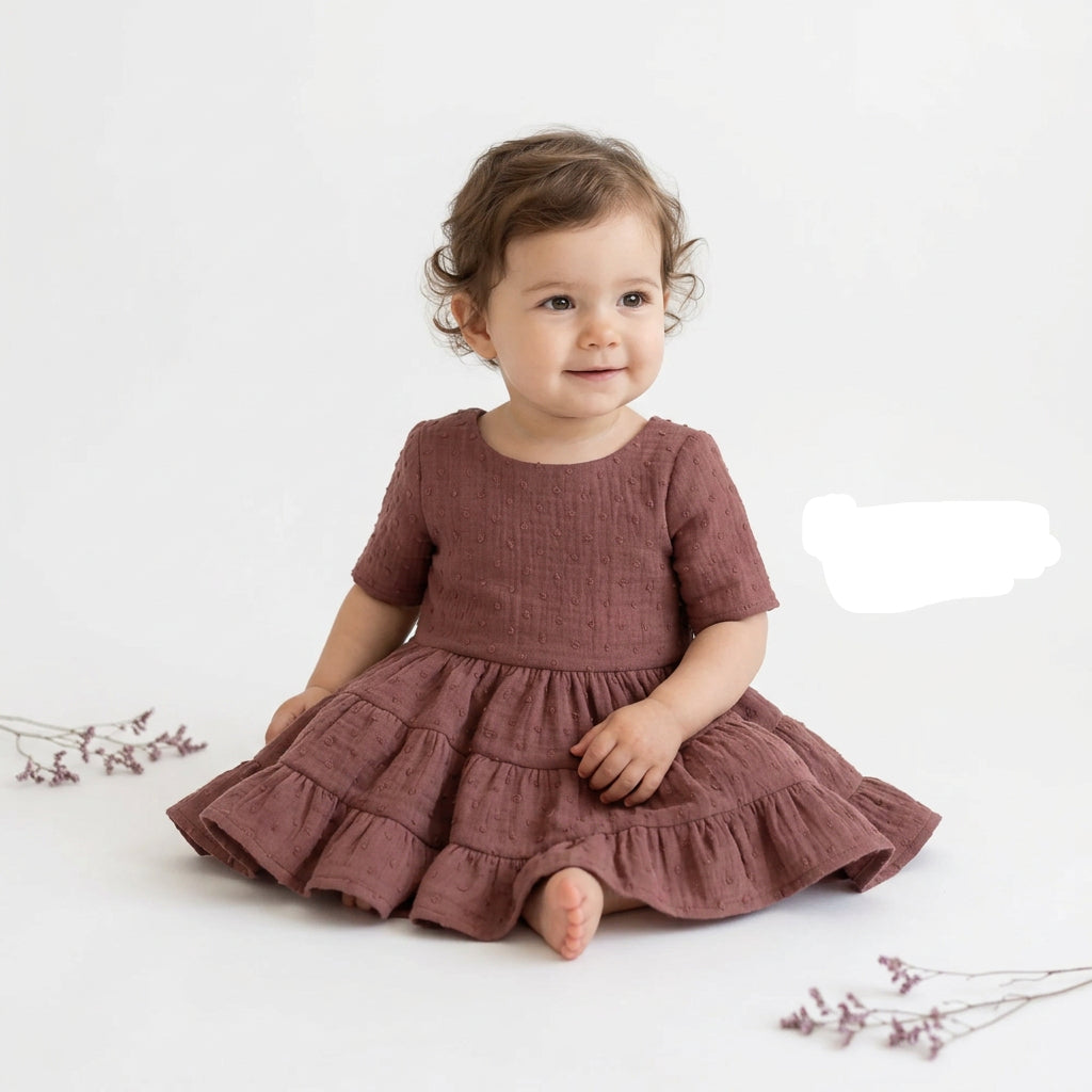 A dusty rose short-sleeve baby dress with a tiered ruffled skirt, laid flat on a white background next to small dried pink flowers. A 'Bespoke Boutique' watermark is visible on the right side.