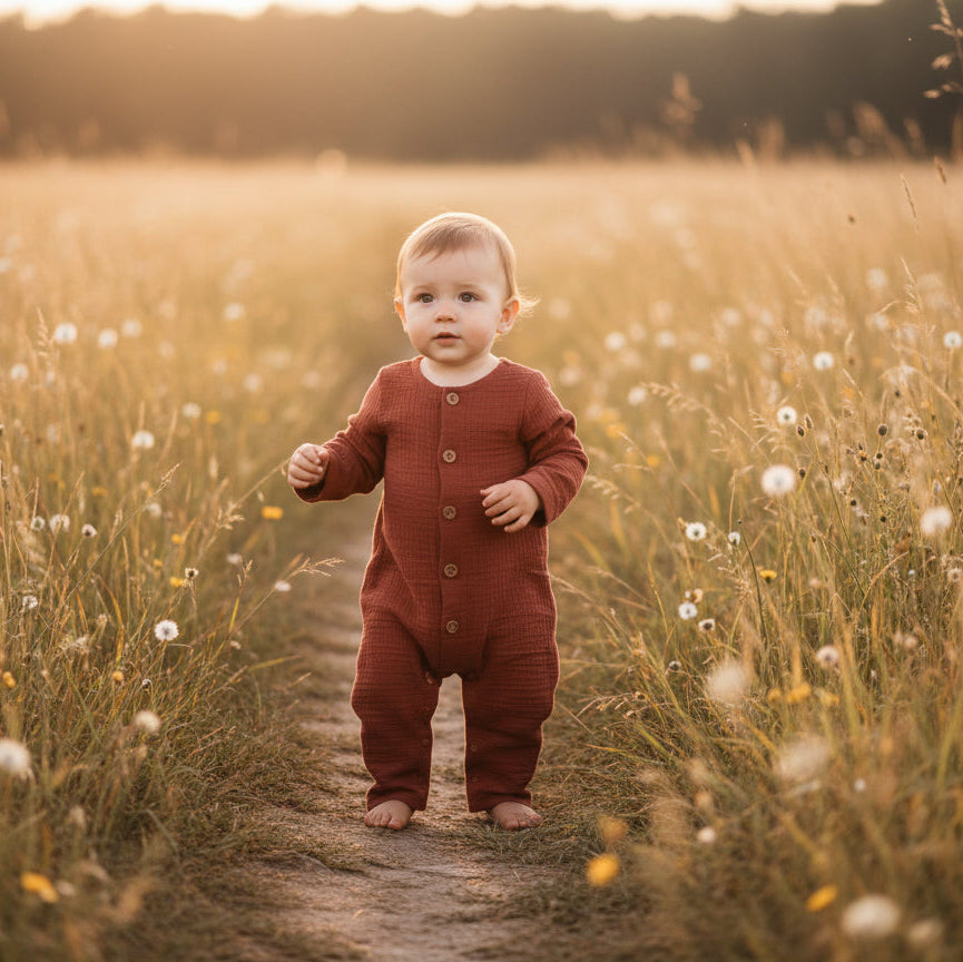 Child in a terracotta outfit standing on a path through a field of tall grass and wildflowers.