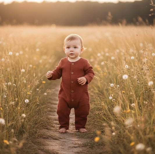 Child in a terracotta outfit standing on a path through a field of tall grass and wildflowers.