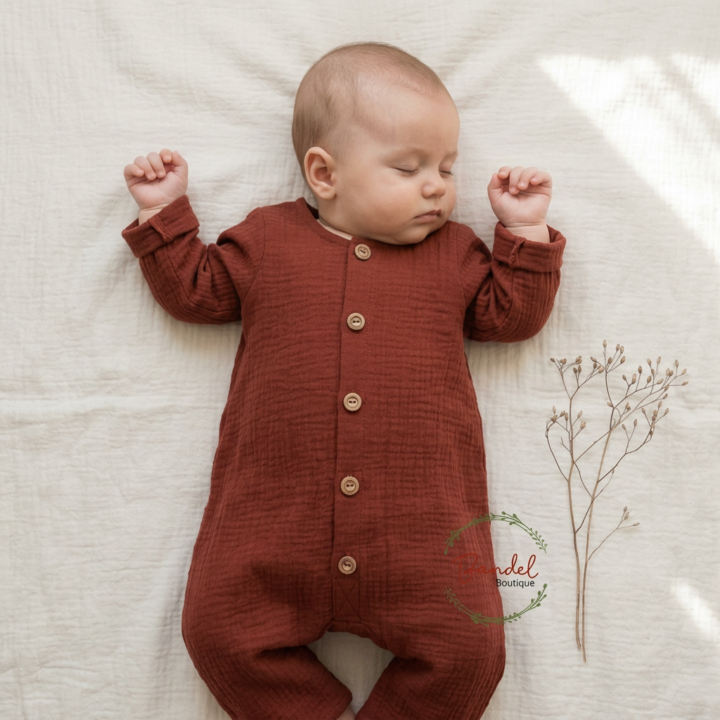 A sleeping baby lying on a textured cream fabric, wearing a rust-colored long-sleeve button-front romper. A delicate dried floral sprig is placed to the right, and a circular 'Mandel' brand watermark is visible near the lower right.
