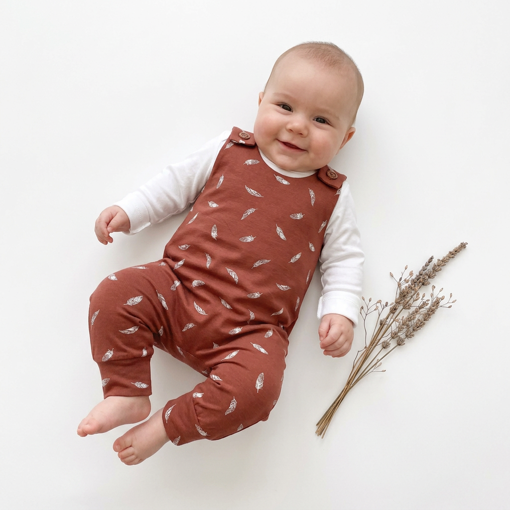 A baby lying on a white background wearing a rust-brown sleeveless romper with a white feather print over a white long-sleeve shirt. A small bunch of dried grass is placed to the right of the baby.