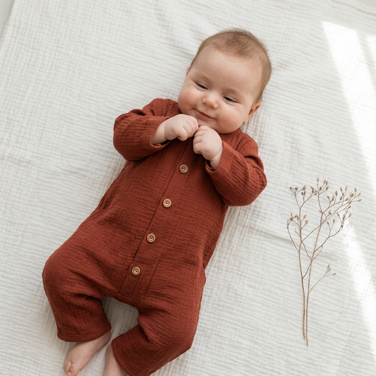 A baby lying on a textured white blanket, wearing a rust-colored muslin romper with wooden buttons. A small dried plant sprig is placed to the right of the baby.