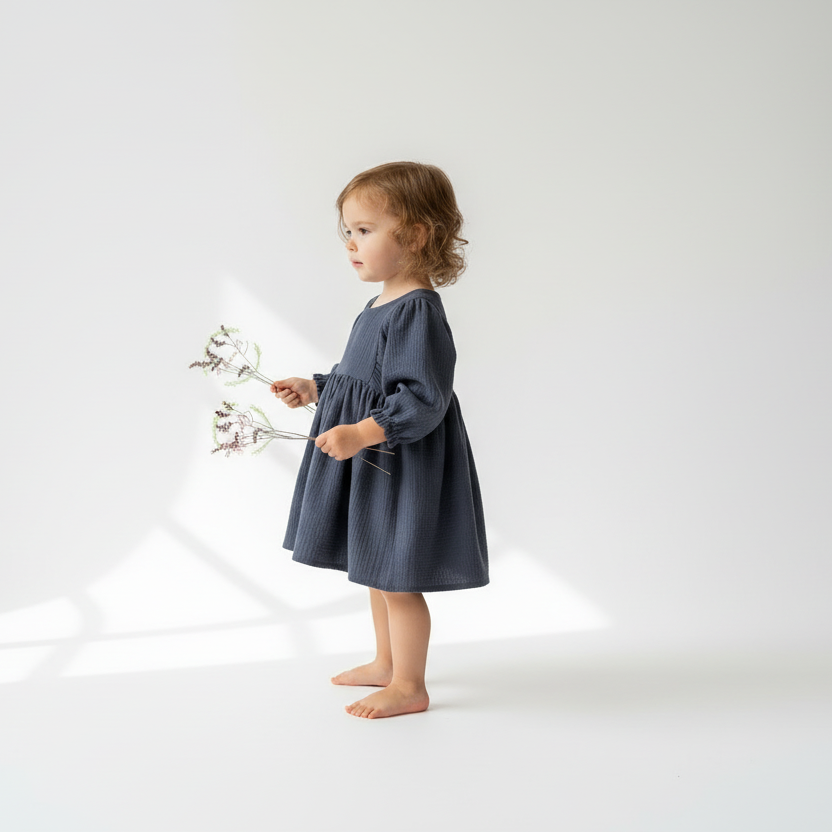 Young child in a blue dress holding flowers on a white background