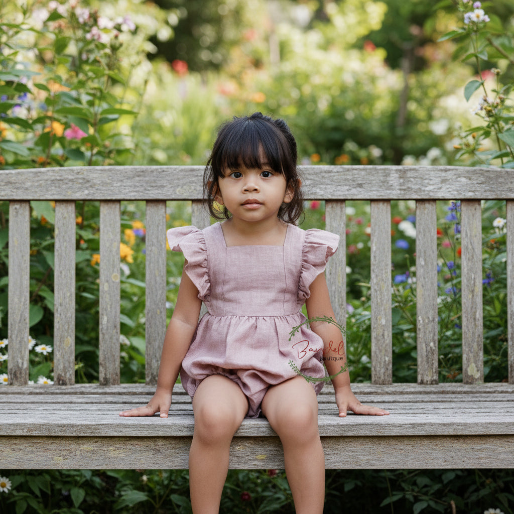 Child sitting on a wooden bench in a garden with flowers and greenery.