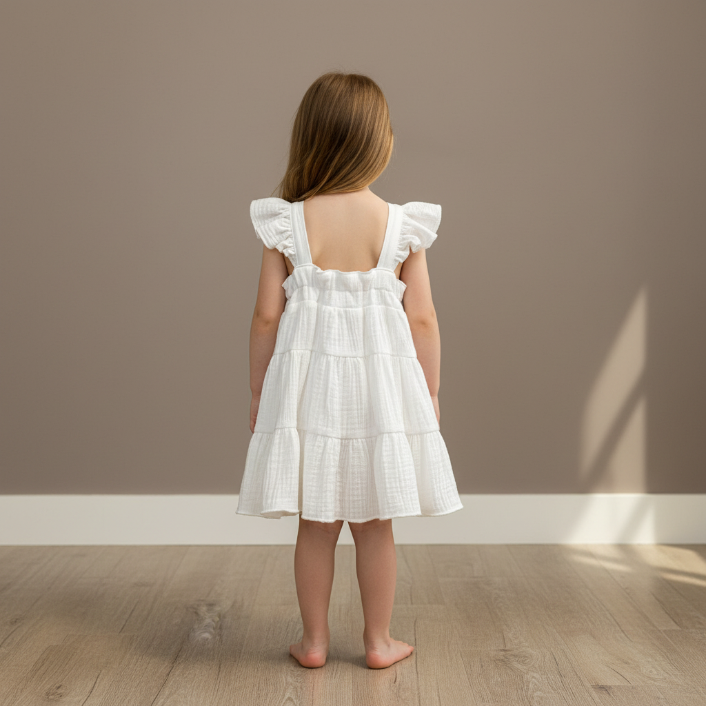 Young girl wearing a white dress standing in a room with a brown wall and wooden floor.