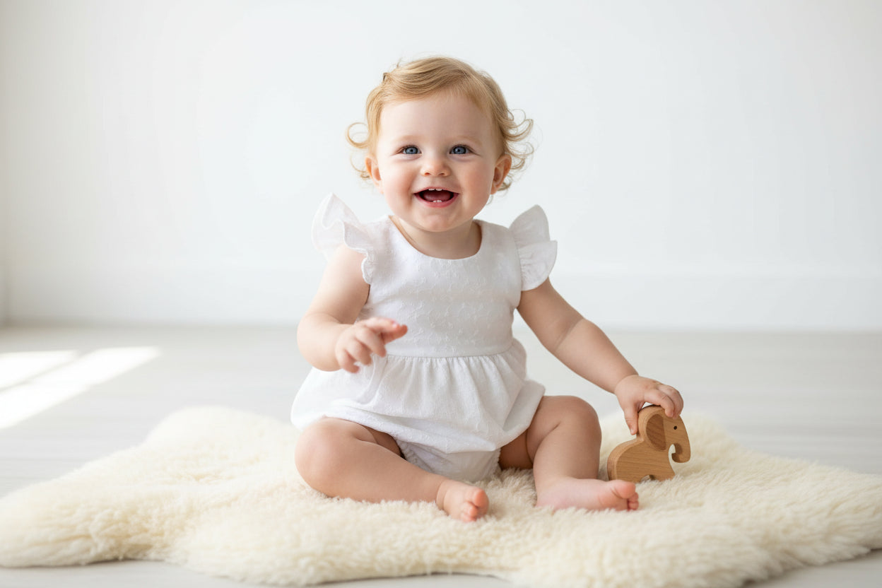 White Embroidery Cotton Baby Romper, features flutter sleeves, elastic at the legs opening, wooden buttons at the back and snaps at the crotch, perfect for christening or baptism outfit. 