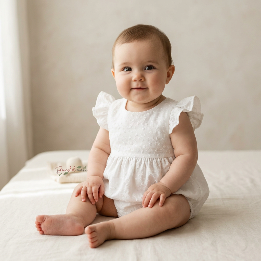 A baby girl sitting on a cream-colored bed, wearing a white textured romper with ruffled sleeves. The background is a soft, neutral beige wall and curtain.