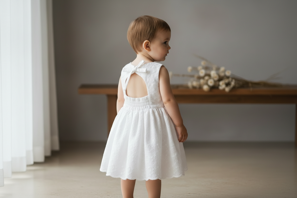 Child wearing a white dress with a bow detail in a minimalistic room.
