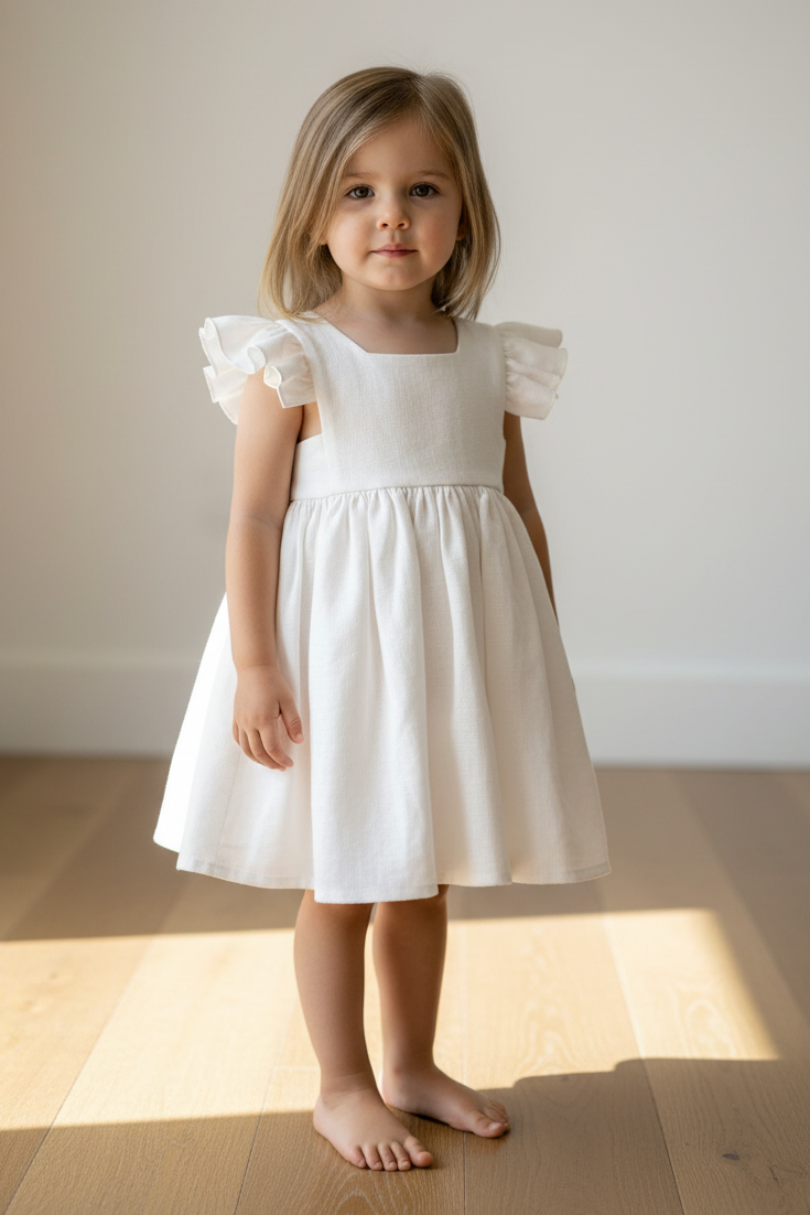 Young girl wearing a white dress standing in a softly lit room.