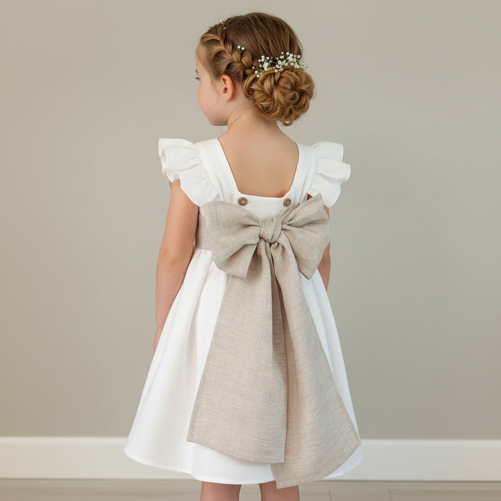 Children's dress with a large bow on a hanger against a beige background