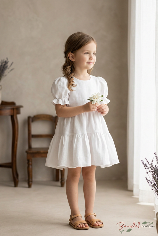 A young girl with brown hair in a side braid stands in a bright room wearing a white tiered dress with short puff sleeves and tan sandals, holding a small bouquet of white flowers.