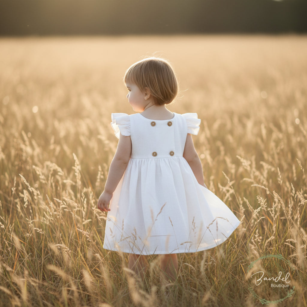 Baby in a white dress with ruffled sleeves lying on a brown blanket