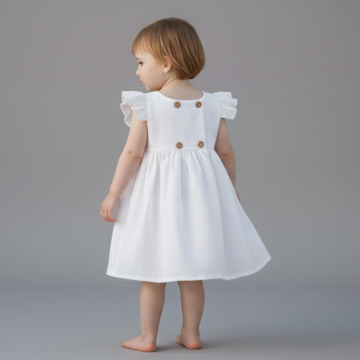 Young girl wearing a white dress against a gray background